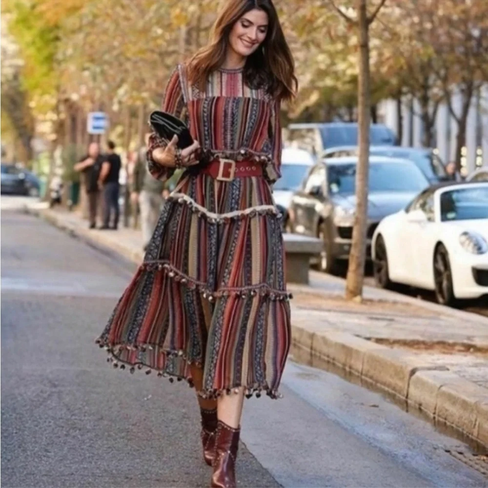 Zara Multicolor Pom Pom Trim Tiered Boho Maxi Dress Size Medium - Picture 4 of 16